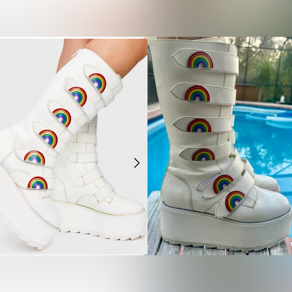 YRU KARMA HI WHITE RAINBOW PLATFORM BOOTS WOMENS SIZE 10